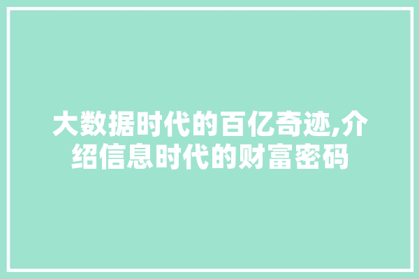 大数据时代的百亿奇迹,介绍信息时代的财富密码