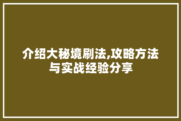 介绍大秘境刷法,攻略方法与实战经验分享 智能写作