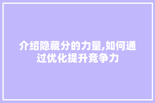 介绍隐藏分的力量,如何通过优化提升竞争力