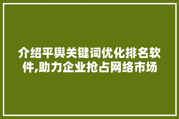 介绍平舆关键词优化排名软件,助力企业抢占网络市场制高点