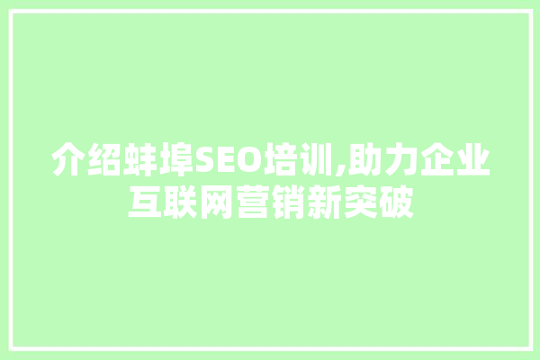 介绍蚌埠SEO培训,助力企业互联网营销新突破